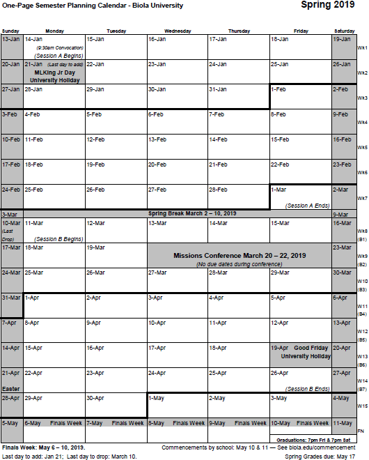 Academic Term Planning Calendars Biola University