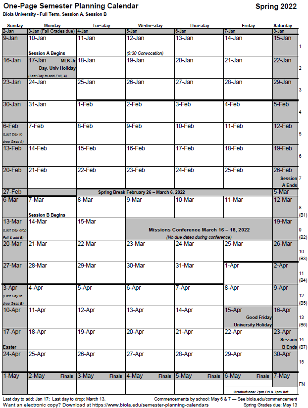 Spring Academic Calendar 2022 Academic Term Planning Calendars - Biola University