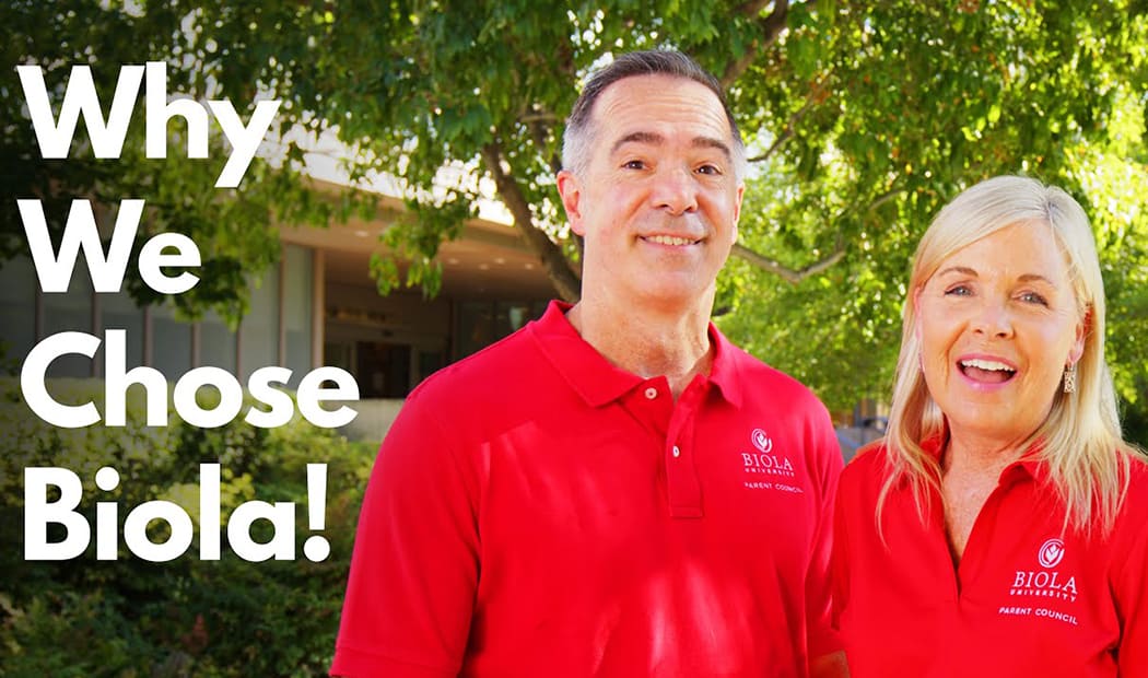 middle-aged man and woman smiling with text "Why we chose Biola"