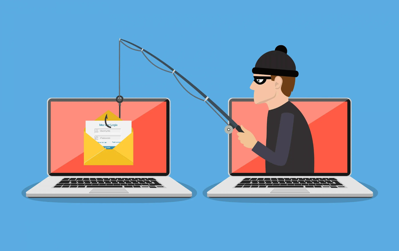 A masked man uses a fishing rod to catch an email.