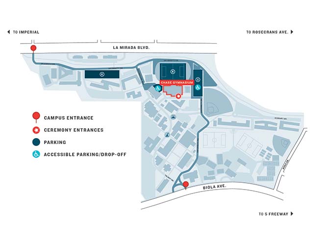 Fall Commencement Map showing campus entrances, ceremony entrances, parking locations and accessible parking and drop off locations