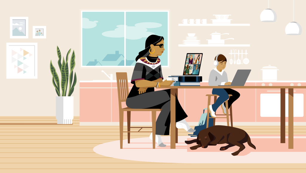 A professional woman works from home, next to her son and dog.