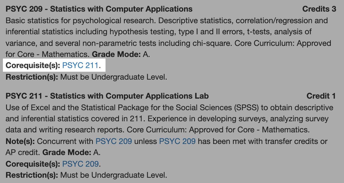 screenshot highlighting a corequisite on a Catalog course description