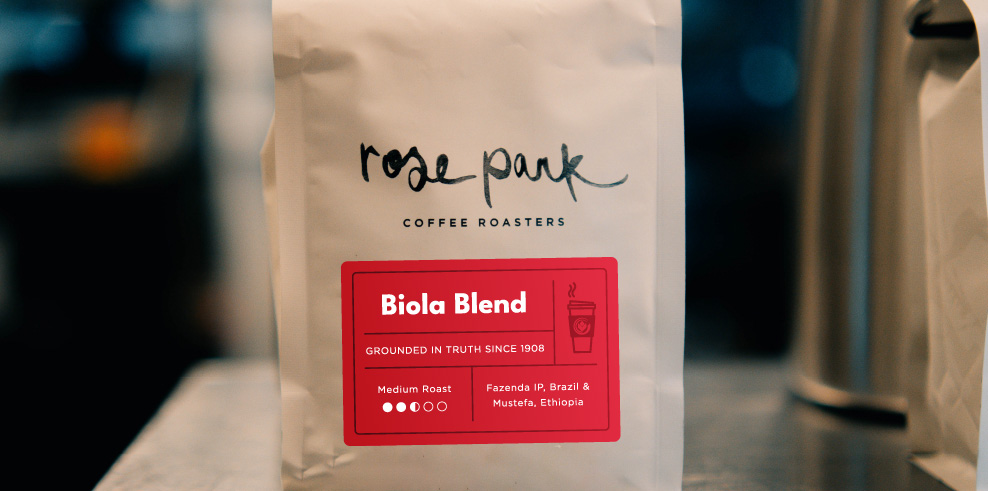 A bag of the Biola Blend coffee.