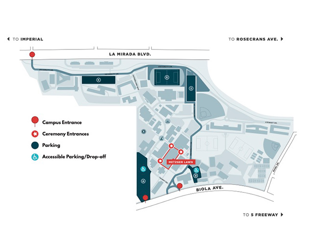 Spring Commencement Map showing campus entrances, ceremony entrances, parking locations and accessible parking and drop off locations