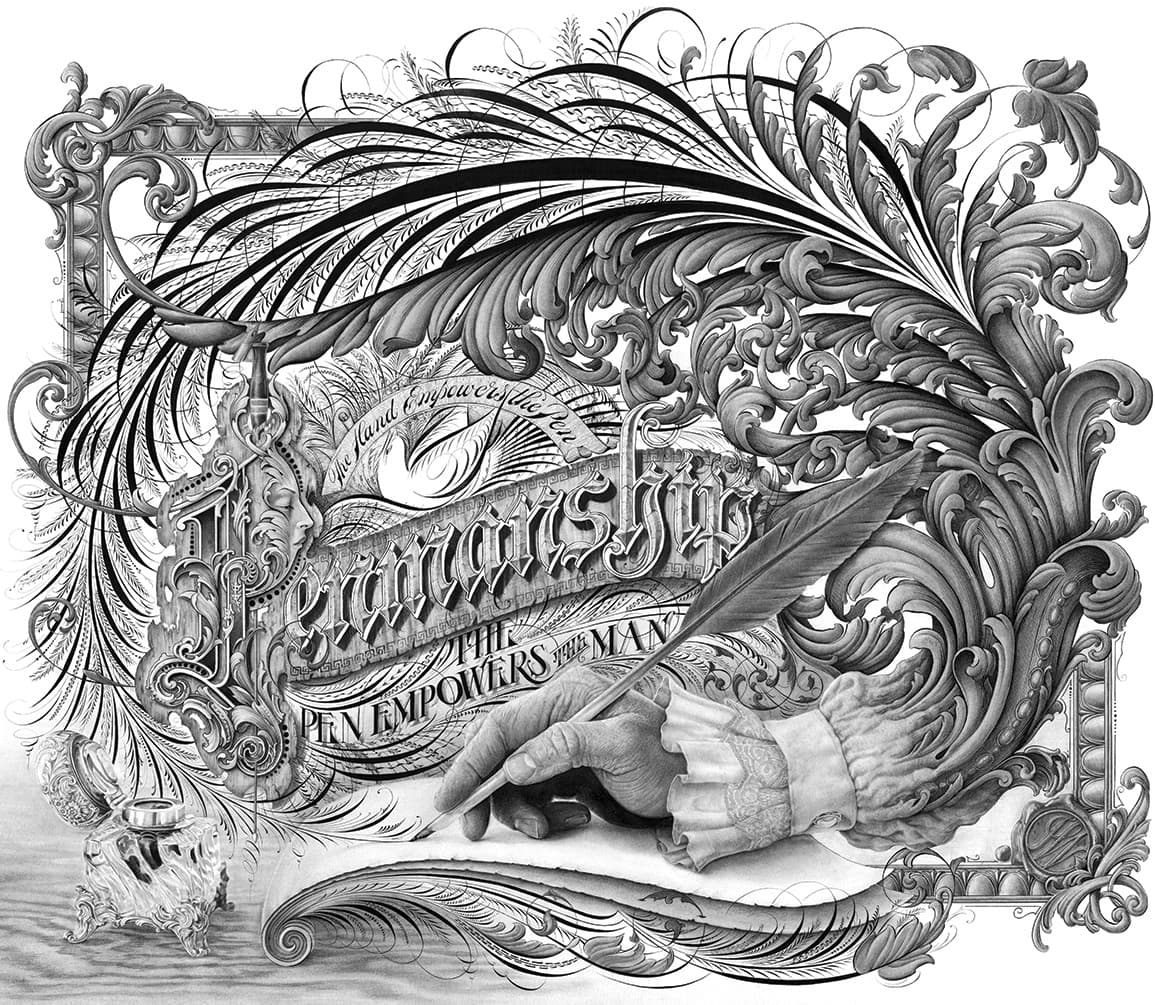 an ornate drawing of a hand using a quill pen