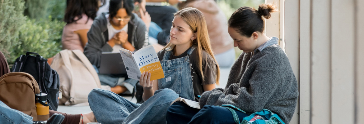 A group of students studying and reading books outdoors.