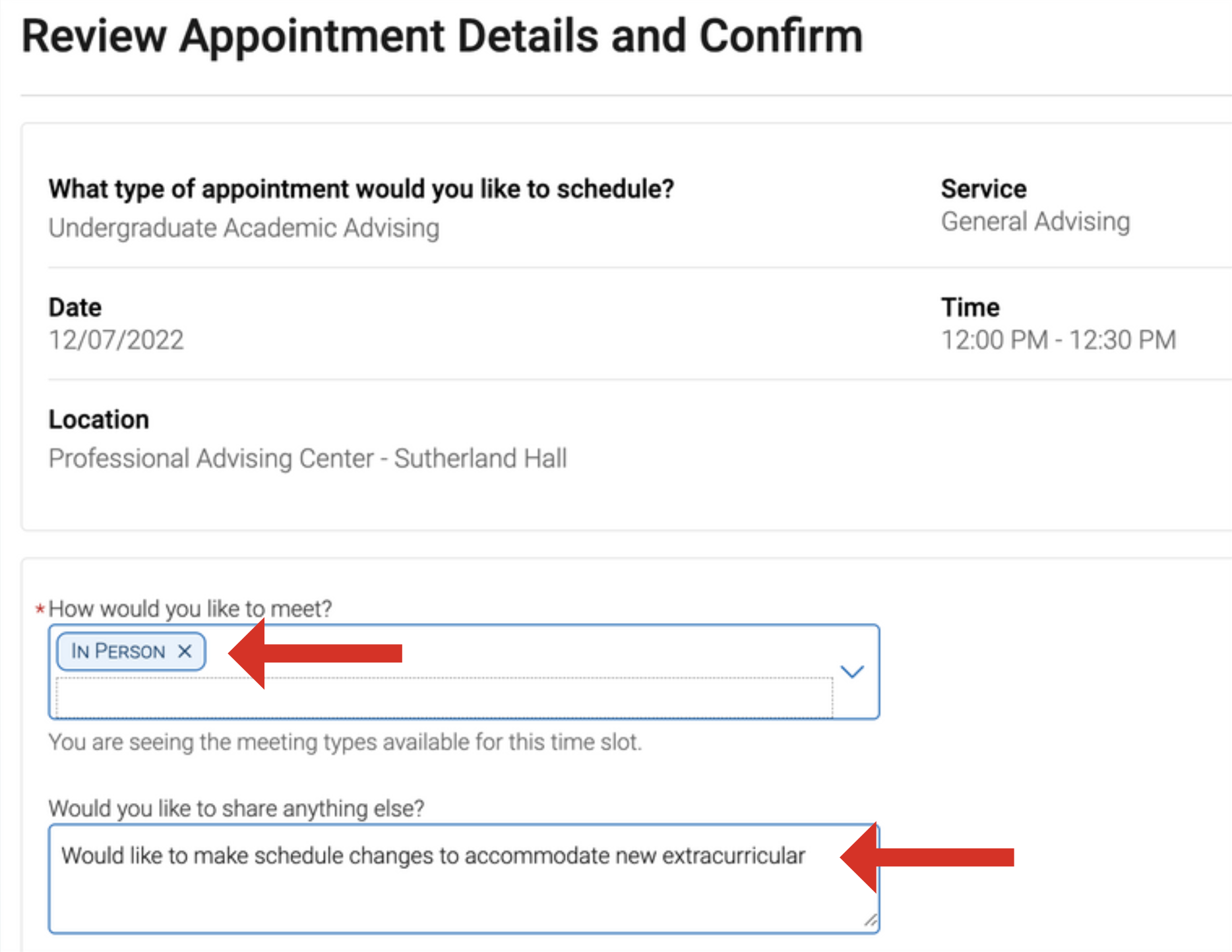 Screenshot of appointment details and confirmation