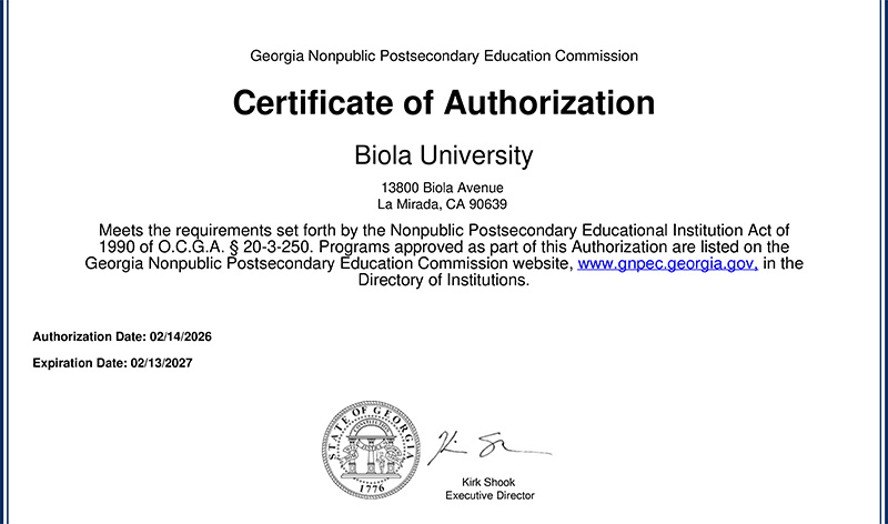 Certificate of Authorization from Georgia Nonpublic Postsecondary Education Commission