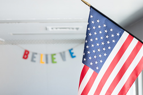 American flag in a classroom