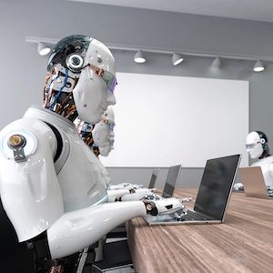 Humanoid robots sit around a conference table, having a meeting.
