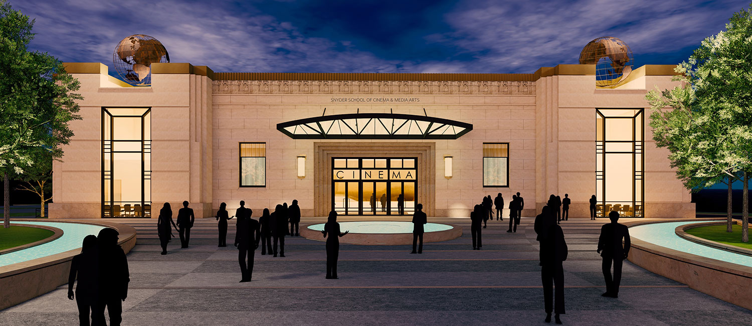 rendering of a modern stone building at night