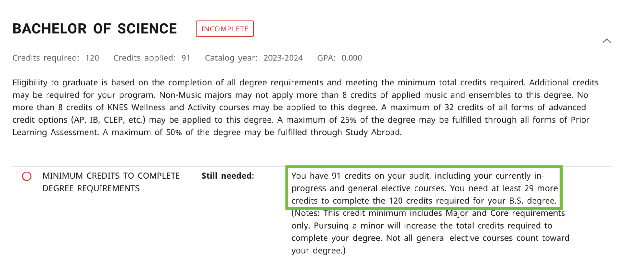 Screenshot of Degree Audit highlighting minimum credits to complete degree requirements area
