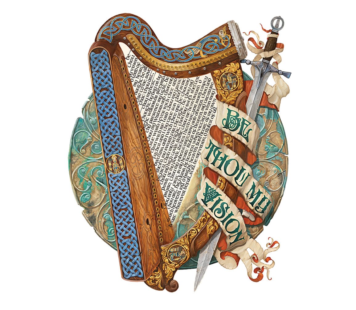 an ornate drawing of a harp and a sword