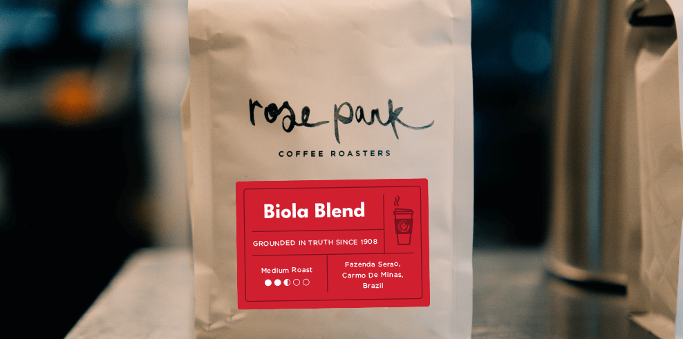 A bag of the Biola Blend coffee.