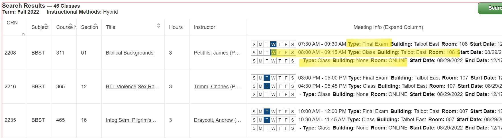 Screenshot showing additional online class time for hybrid classes