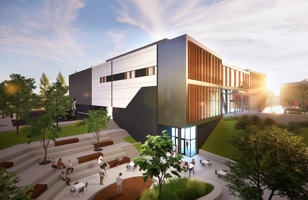 Image shows a rendering of the side of the new building