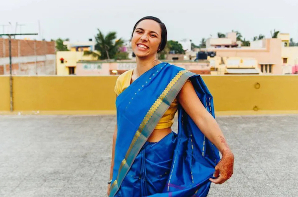 Founder of Social Brew Simone Ispahani wearing a blue sari in India