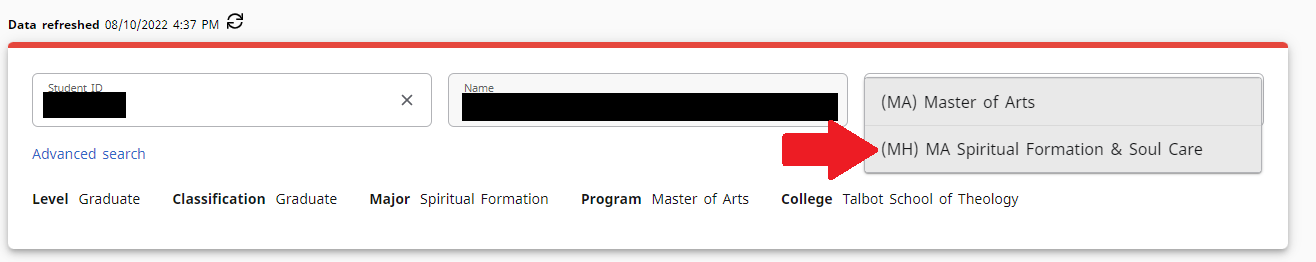 Screenshot of the Degree Audit dashboard highlighting the selected current program in the "Degree" dropdown field