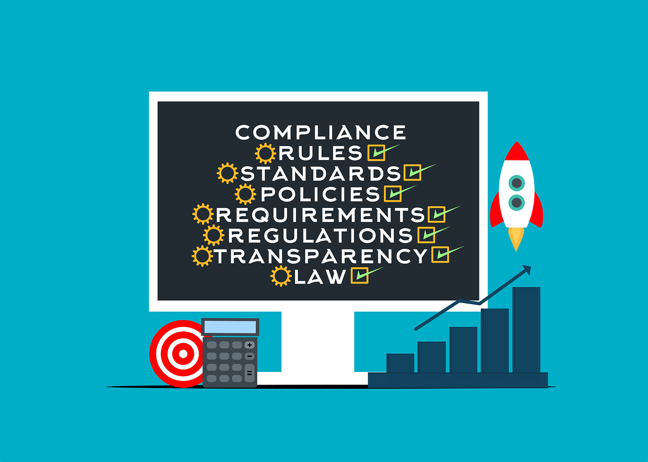 A computer monitor lists the words Compliance, Rules, Standards, Policies, Requirements, Regulations, Transparency, Law.