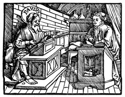 The Apostle Paul (dictating the book of Romans to his scribe, Tertius), in the Zurich Bible, 1536