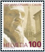 Statue of John Calvin. Words read "500th anniversaire J. Calvin, Helvetia 100"