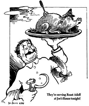 Cartoon of Joseph Stalin as a chef serving a platter with a pig wearing a hat containing a swastika. He holds a hammer and sickle (symbol of communism) in his hand. The cartoon reads "They're serving Roast Adolf at Joe's House tonight!"