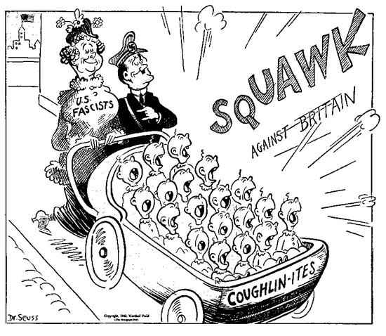 Cartoon of man and woman pushing a stroller with many babies. The woman's blouse reads "US Fascists" and the stroller is labeled "Coughlin-ites". The words "Squawk against Britain" are also written