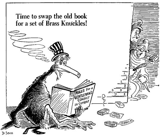 Cartoon of an eagle with a top hat reading a book titled "Rules for a Gentleman's Conduct in Combat." There are bricks on the floor that read "Pearl Harbor" and "Manila"  Two men - one wearing a swastika and what looks like an Asian man - are sneaking up on the eagle
