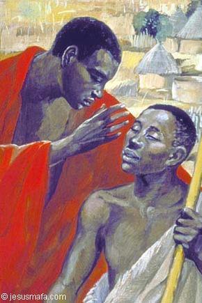 Painting of Jesus, as a black man, opening the eyes of the blind man