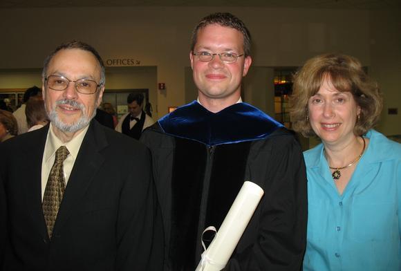 Dr. Kenneth Way at his graduation with first reader, Dr. Nili Fox, and second reader, Dr. Samuel Greengus 