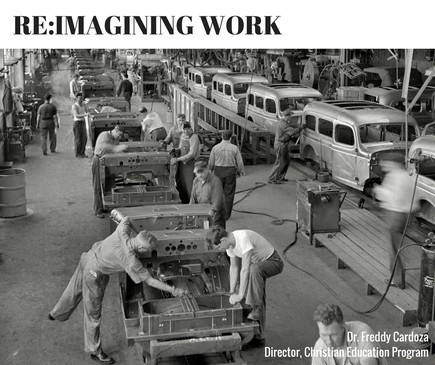 Black and white photo of workers assembling cars