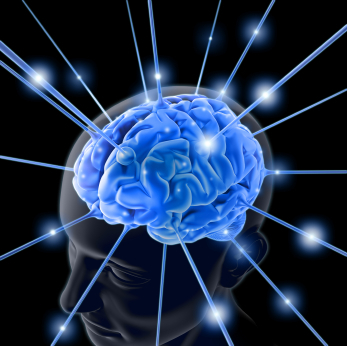 Drawing of a blue brain with rays of blue light shooting out