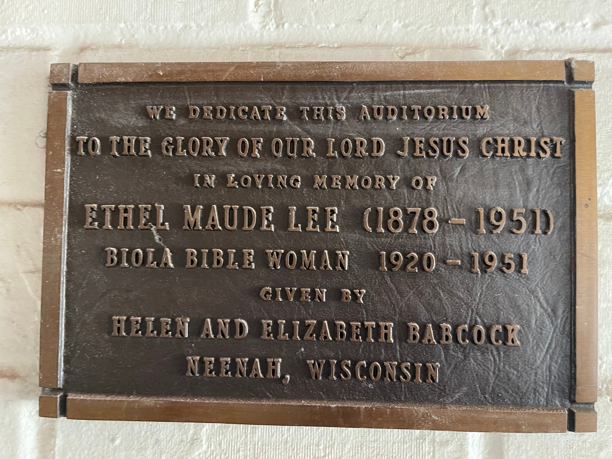 The original dedication plaque for the Ethel Maude Lee Memorial Auditorium