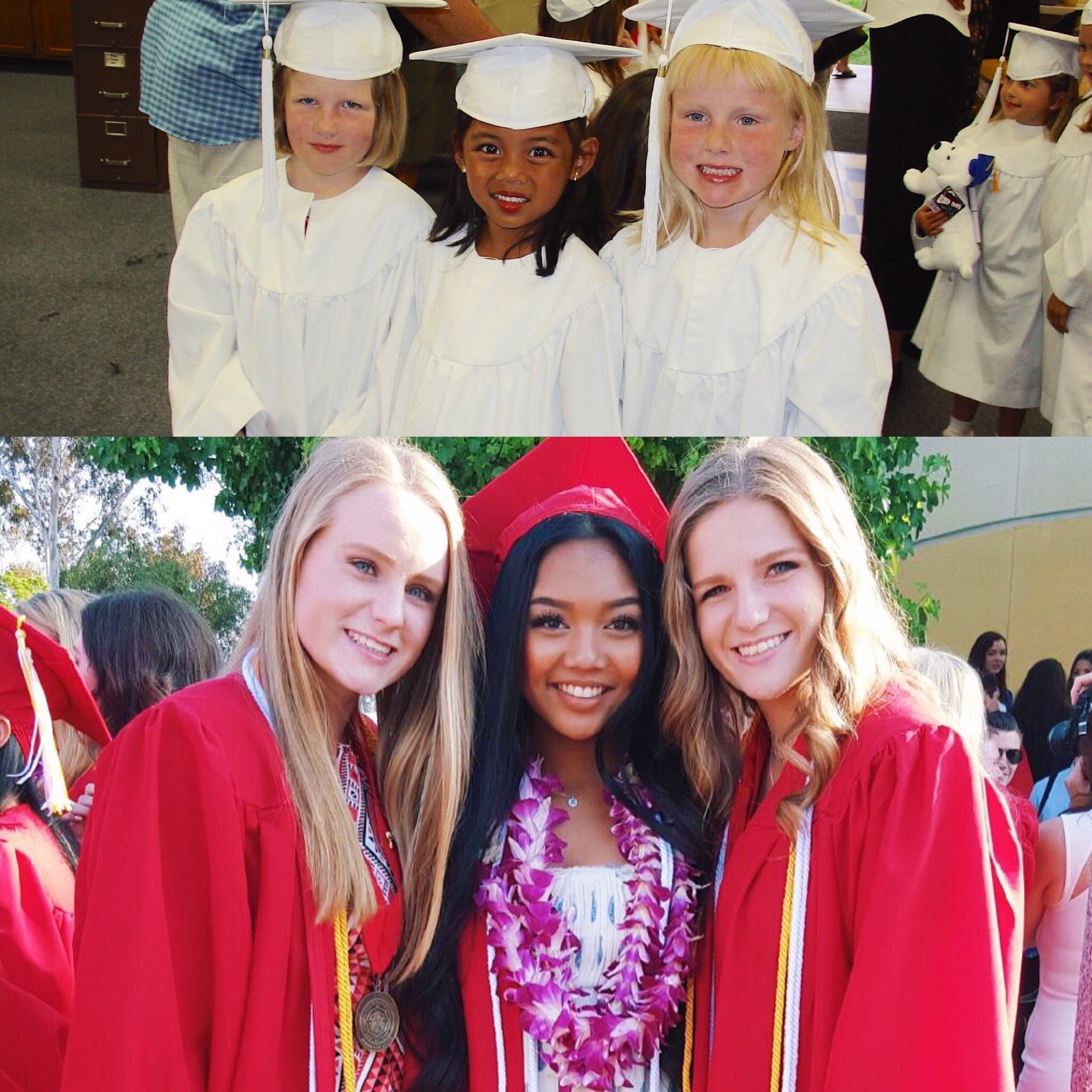 Aubrey and two of her friends at kindergarten graduation and high school graduation