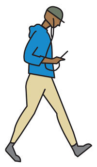 illustration of a man in a baseball cap on his phone with earbuds in