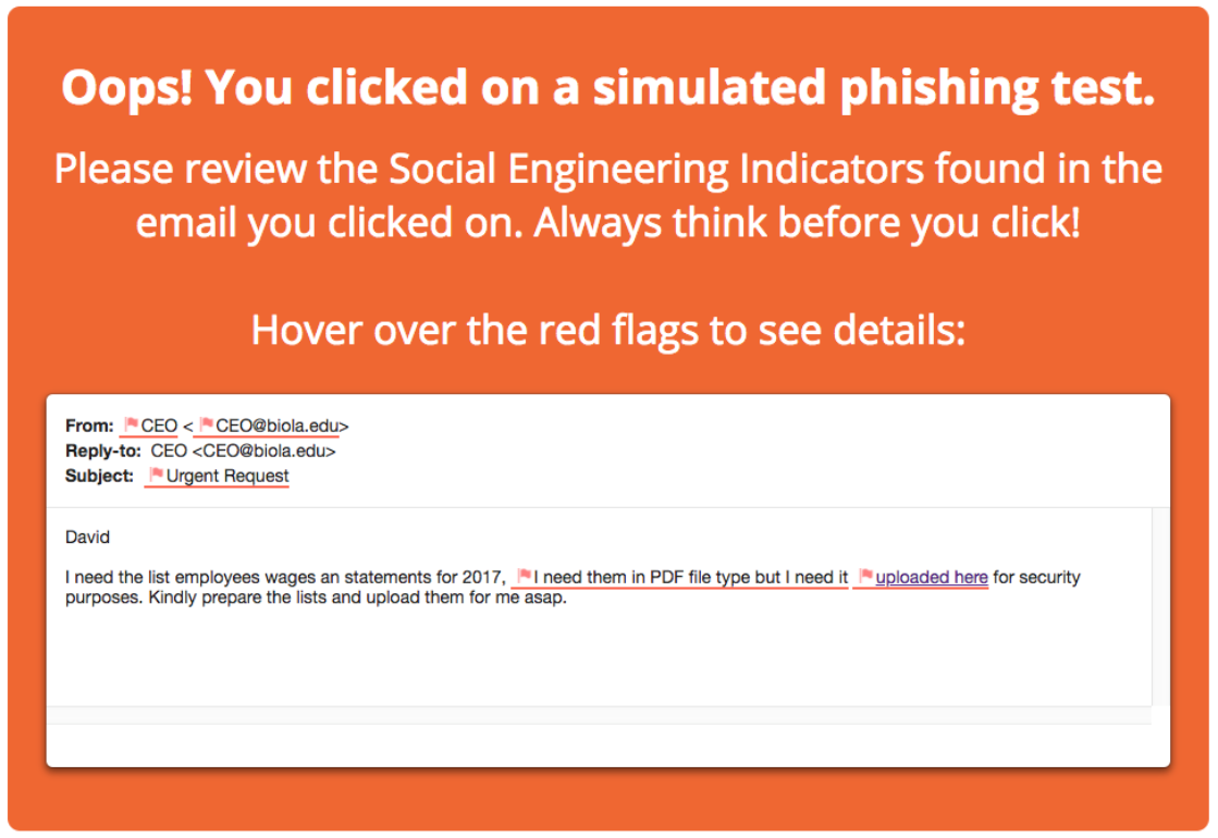 KnowBe4 training message highlighting red flags in an email message