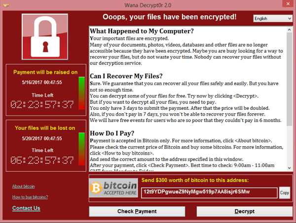 A screenshot of the WannaCry ransomware message.