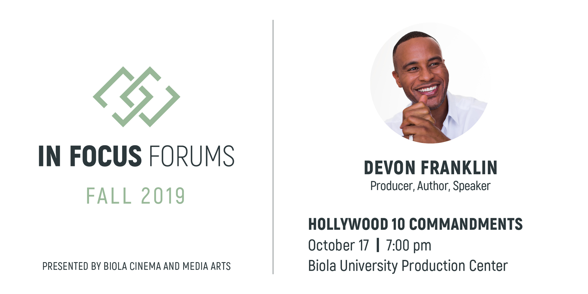 In Focus Forum Fall 2019 event details including speaker, event title, time and location