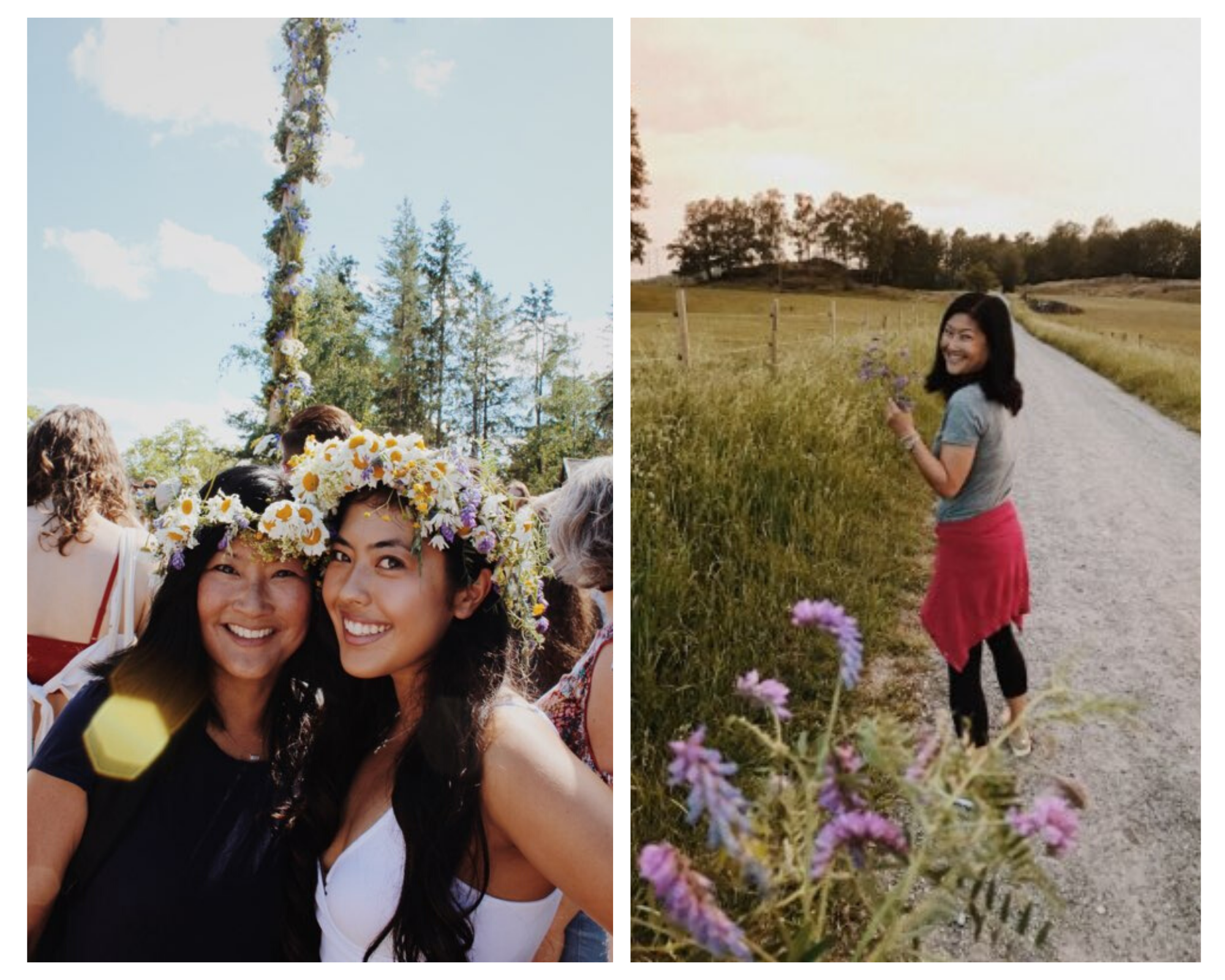 Anna and her mom on a hike, wearing flower crowns