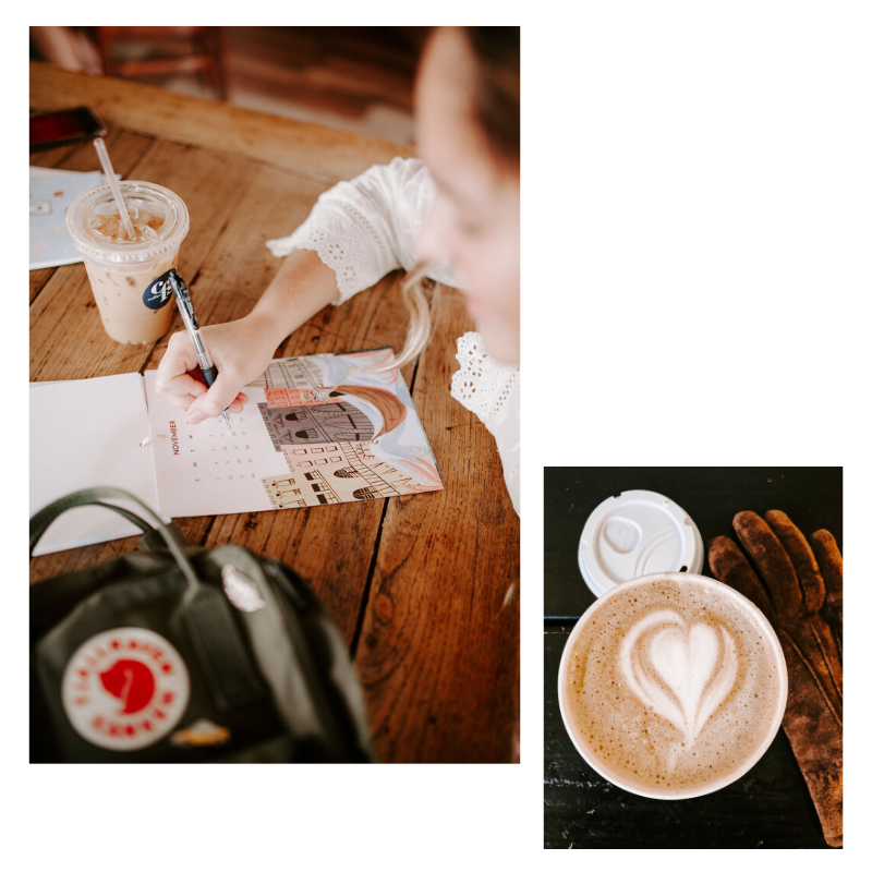 Maggie at a local coffee shop, writing and drawing in one of her journals