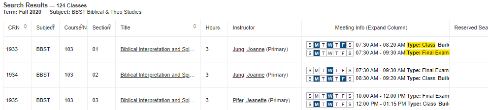 Screenshot showing two lines for class meeting time and final exam time