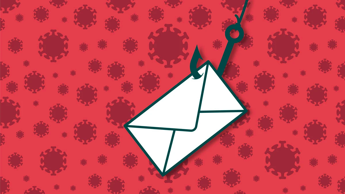 An envelope hangs from a fishhook, over a background of coronavirus shapes.