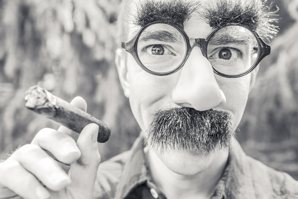 A man wears a disguise of glasses, false nose, and mustache.