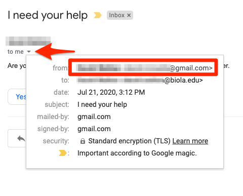 A screenshot from Gmail shows how to find the sender's email address by clicking on the triangular arrow next to the words "to me."