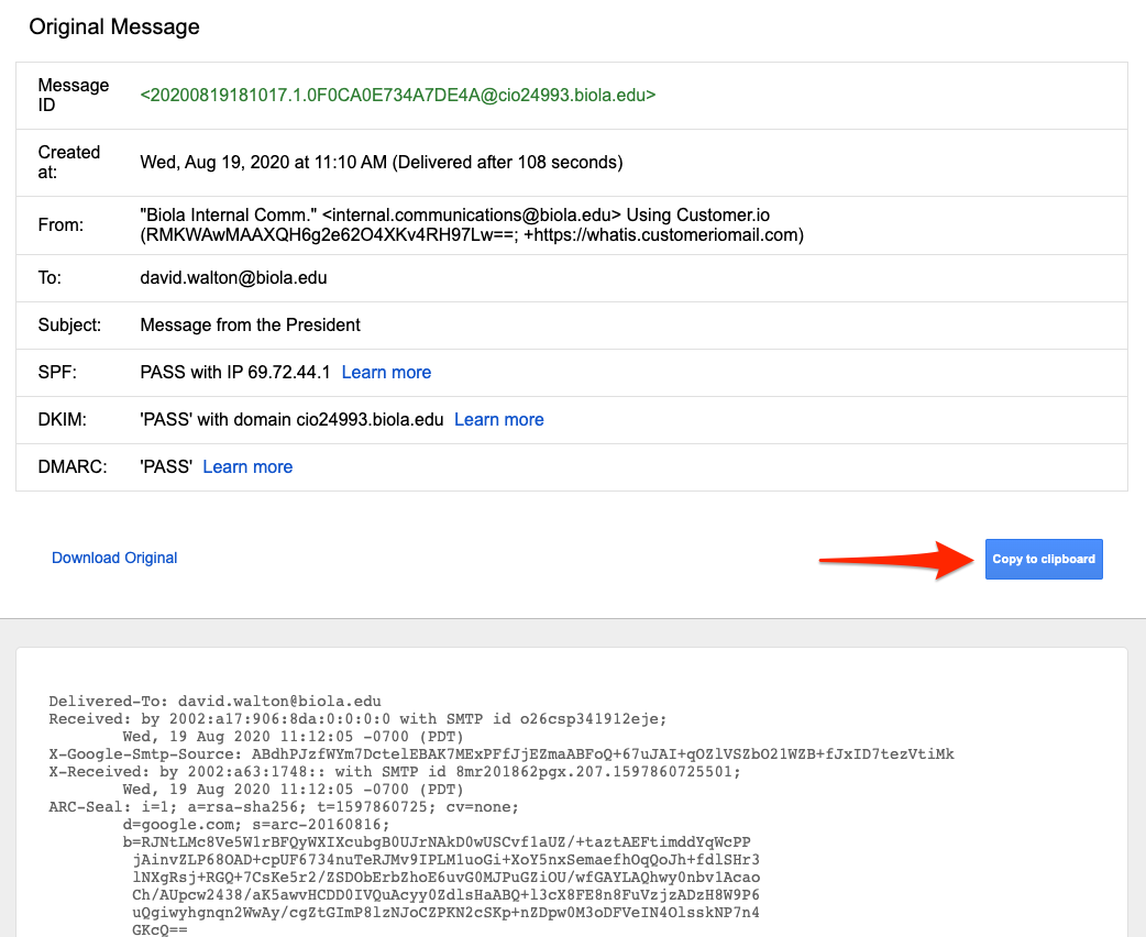 An arrow points to the Copy to Clipboard button on Gmail's email header page.