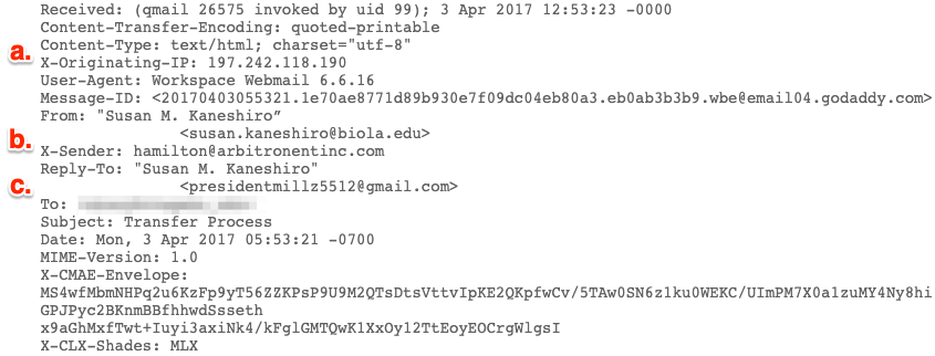 A block of email header text highlights the X-Originating-IP, X-Sender, and Reply-To attributes.