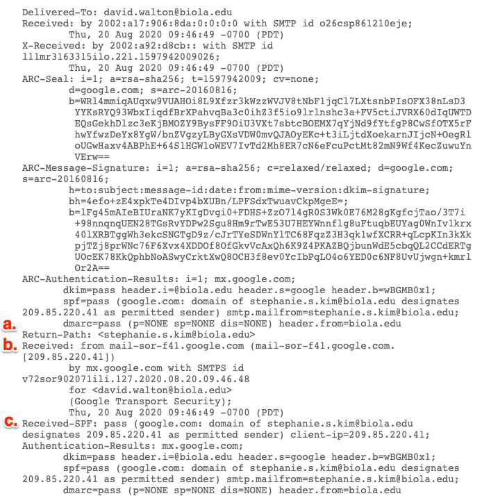 A block of email header text highlights the Return-Path, Received, and Received-SPF attributes.