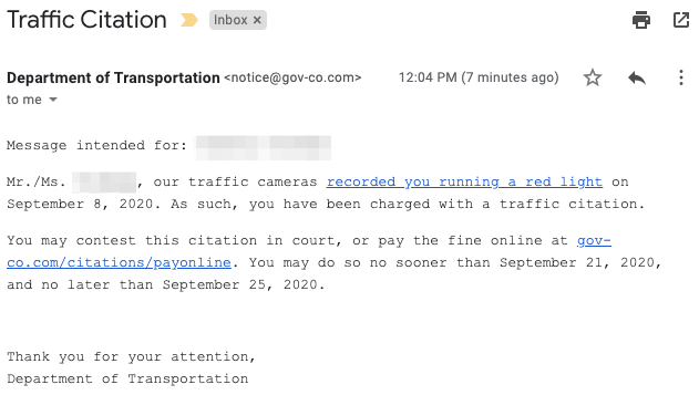 A traffic citation phishing email message.