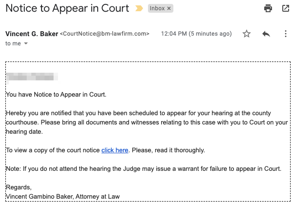 A phishing email message with the subject, Notice to appear in court.